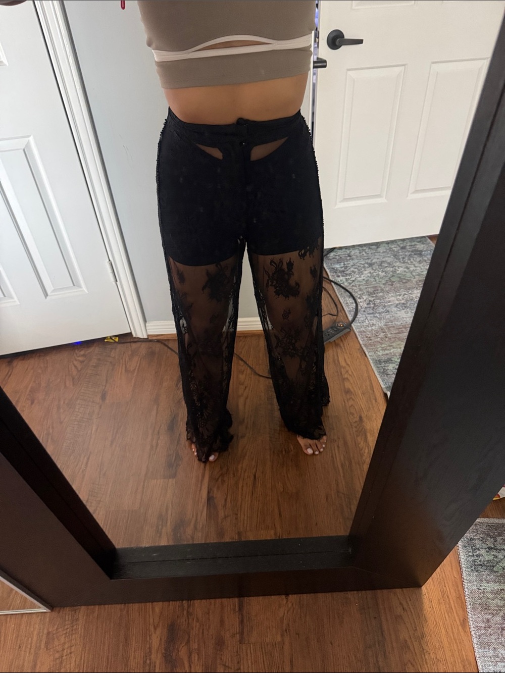 Black Sheer Lace High-Waist Overlay Pants